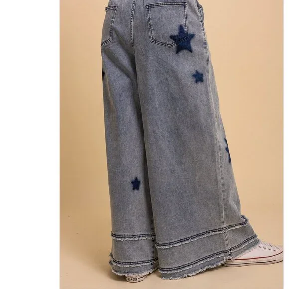 Blue Velvet STAR PATCH WIDE LEG STRETCHY DENIM PANTS NEW - Picture 2 of 5